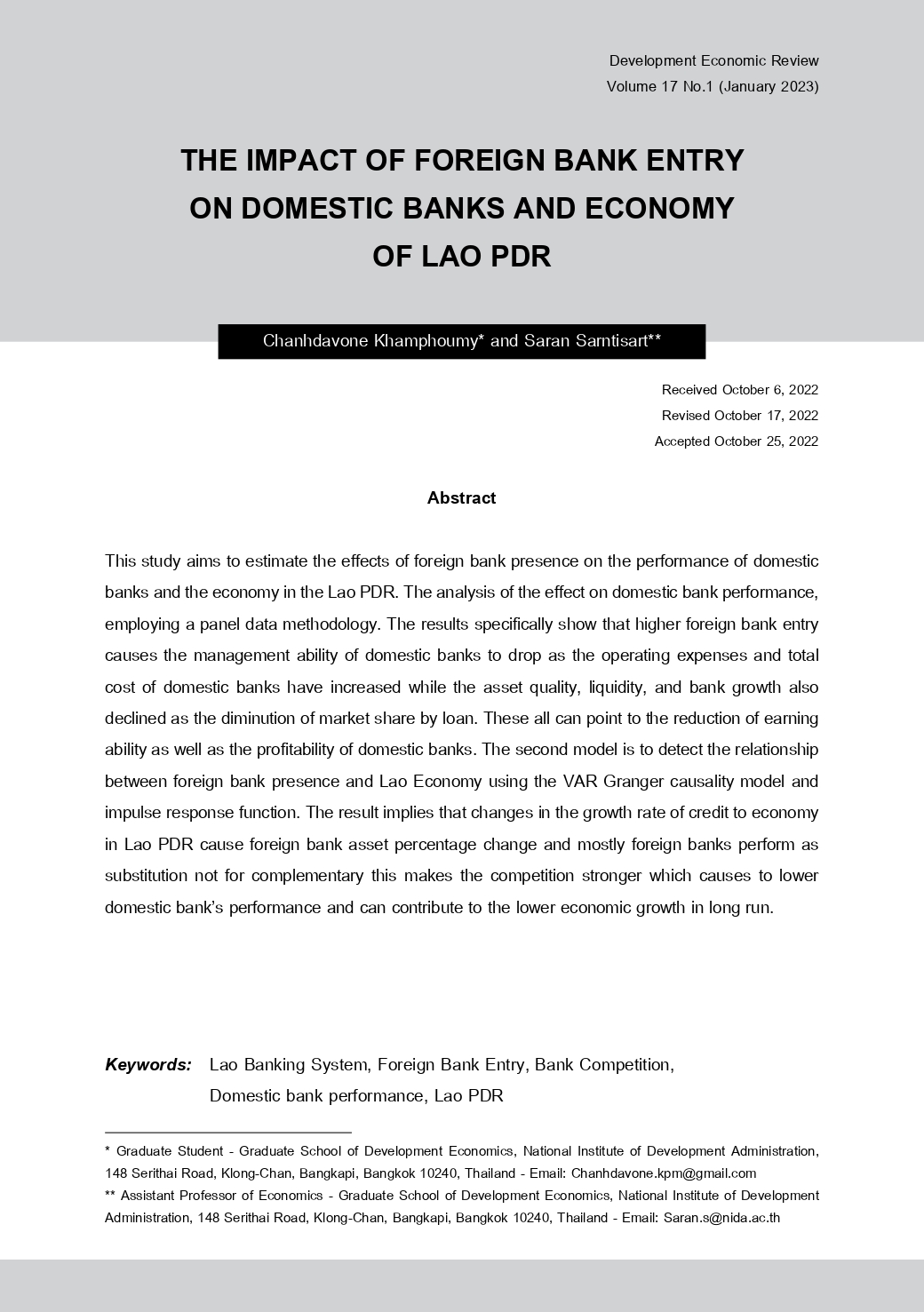 THE IMPACT OF FOREIGN BANK ENTRY ON DOMESTIC BANKS AND ECONOMY OF LAO PDR