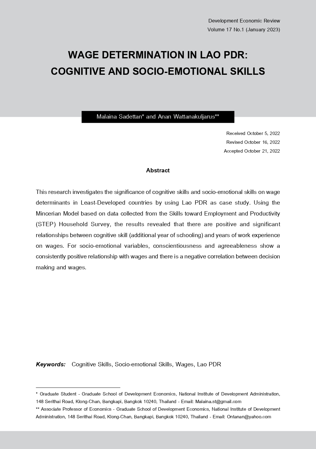 WAGE DETERMINATION IN LAO PDR : COGNITIVE AND SOCIO-EMOTIONAL SKILLS