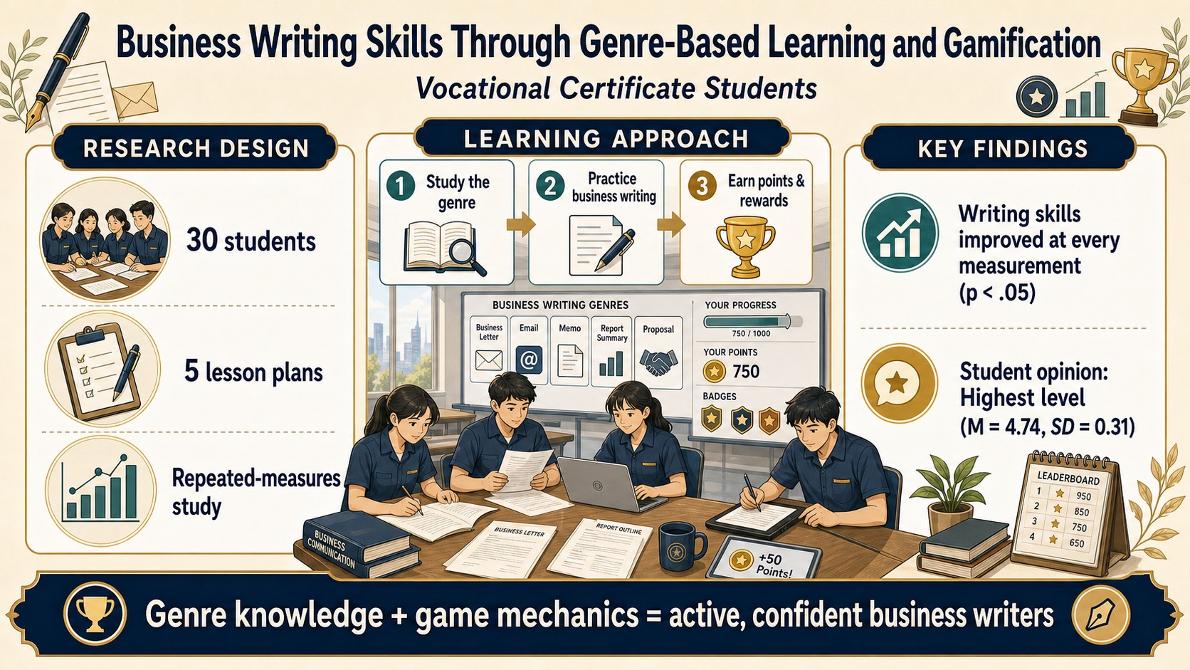 Infographic summarizing genre-based learning with gamification for vocational business writing